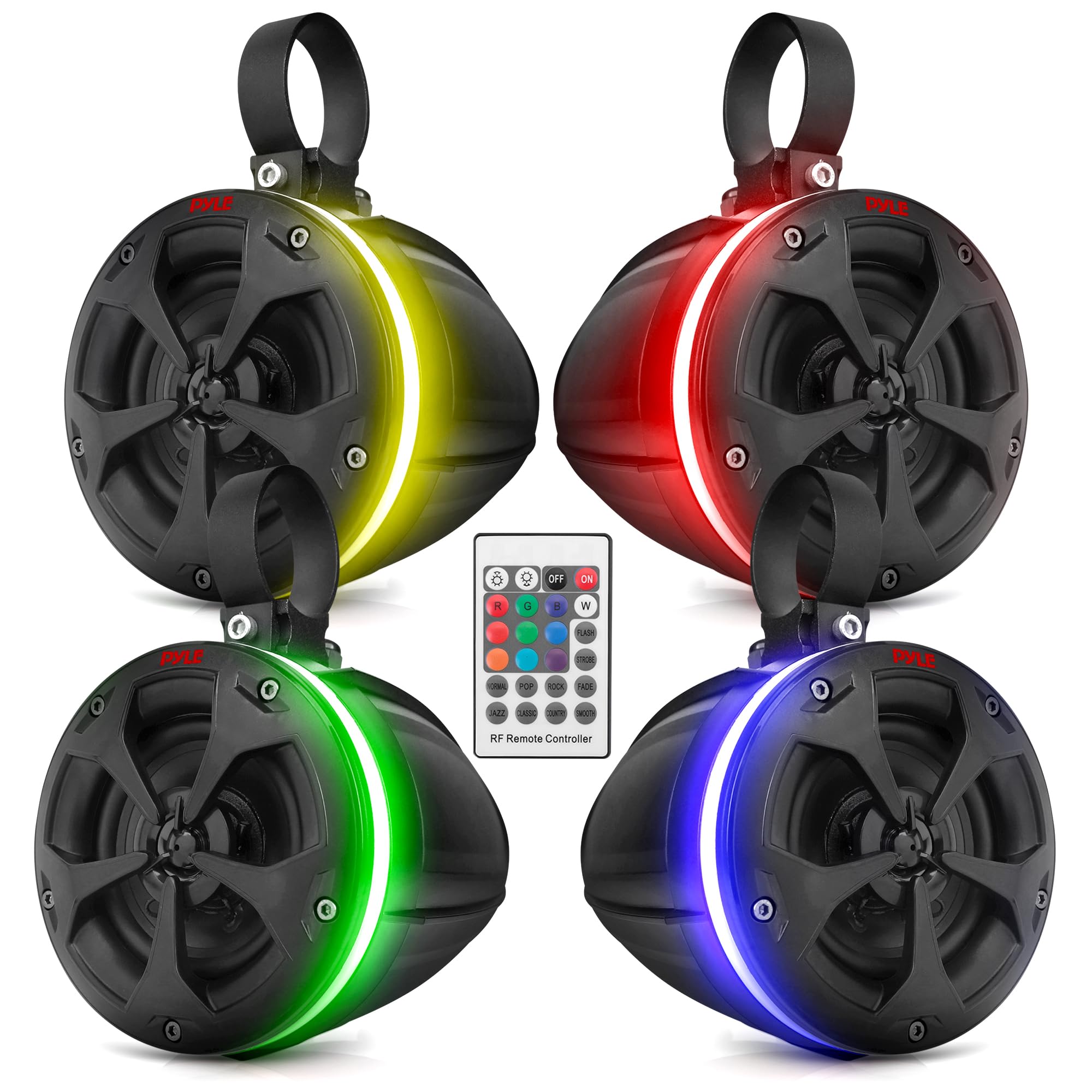 Pyle Waterproof Off-Road Speakers – 2-Way 800W 4 Inch Marine Grade Wakeboard Tower Speaker System Full Range Outdoor Audio Stereo Speaker w/RGB Lights – ATV, UTV, 4×4, Jeep, Watercraft, Boat (2 Pair)