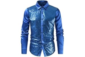 Mens Sequin Dress Shirt, Long Sleeve Button Down Metallic Shiny 70s Disco Party Shirts Glitter Nightclub Tops