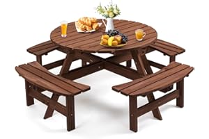 Zevemomo 8 Person Wood Picnic Table, Round Tabletop with Umbrella Hole, 4 Built-in Curved Benches, 2220LBS Total Capacity for Patios, Backyard, Brown