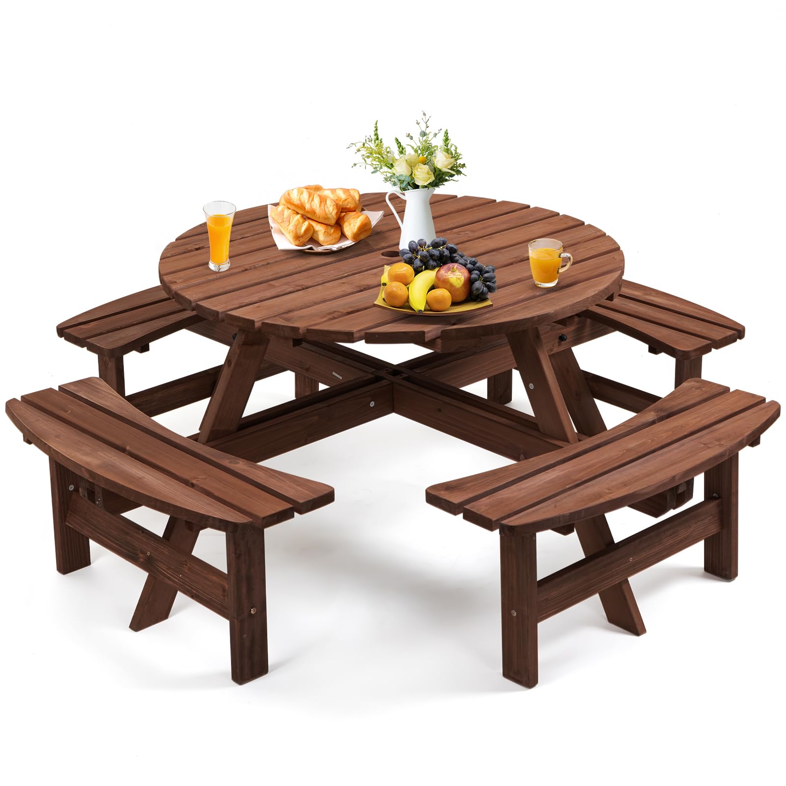Photo 1 of ** BOX 2/2**
Zevemomo 8 Person Wood Picnic Table, Round Tabletop with Umbrella Hole, 4 Built-in Curved Benches, 2220LBS Total Capacity for Patios, Backyard, Brown