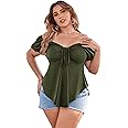 SOLY HUX Women's Plus Size Short Sleeve Peplum Blouse Tie Front Ruffle Hem Summer T Shirt Tops