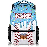 Personalized Baseball Drip School Backpack Kids Bookbag for Boys Girls, Blue Ice Cream Baseball Backpacks for Preschool Elementary Kindergarten Large Capacity Schoolbag for Travel School Camp