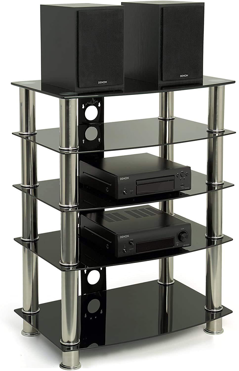 Centurion Supports Galago 5-Shelf Premium Black Glass with Silver Legs AV Rack