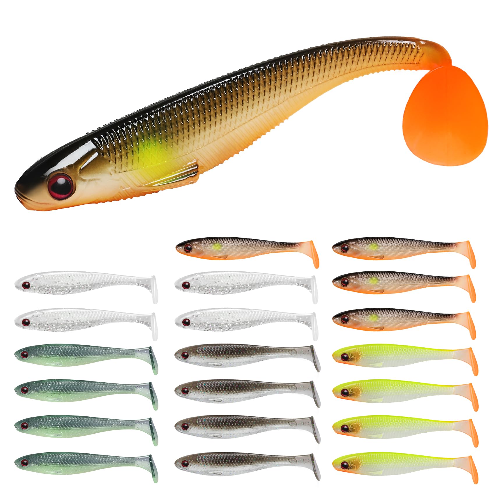 Photo 1 of TRUSCEND 20PCS Soft Fishing Lures, Paddle Tail Swimbaits, Fishing Lures for Bass Trout Crappie Walleye, Durable Plastic Bait for Bass Fishing, Shad Fishing Bait for Freshwater Saltwater
