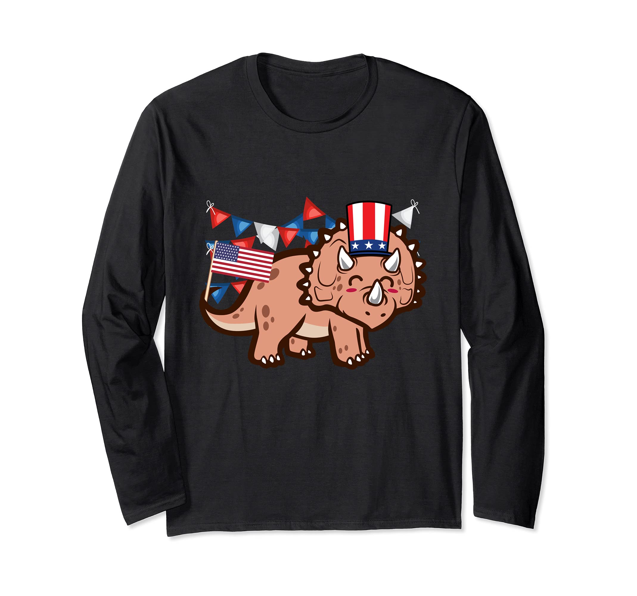America 4th of July Independence Day Triceratops Dinosaur Long Sleeve T-Shirt