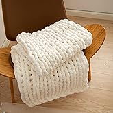 RIWASURNA Luxury Chunky Knit Blanket Throw, Handmade Thick Chenille Yarn Throw 40"x40", Cream Cable Knit Crochet Blanket, Decorative Cozy and Soft Crochet Throw Blanket for Couch Home Decor