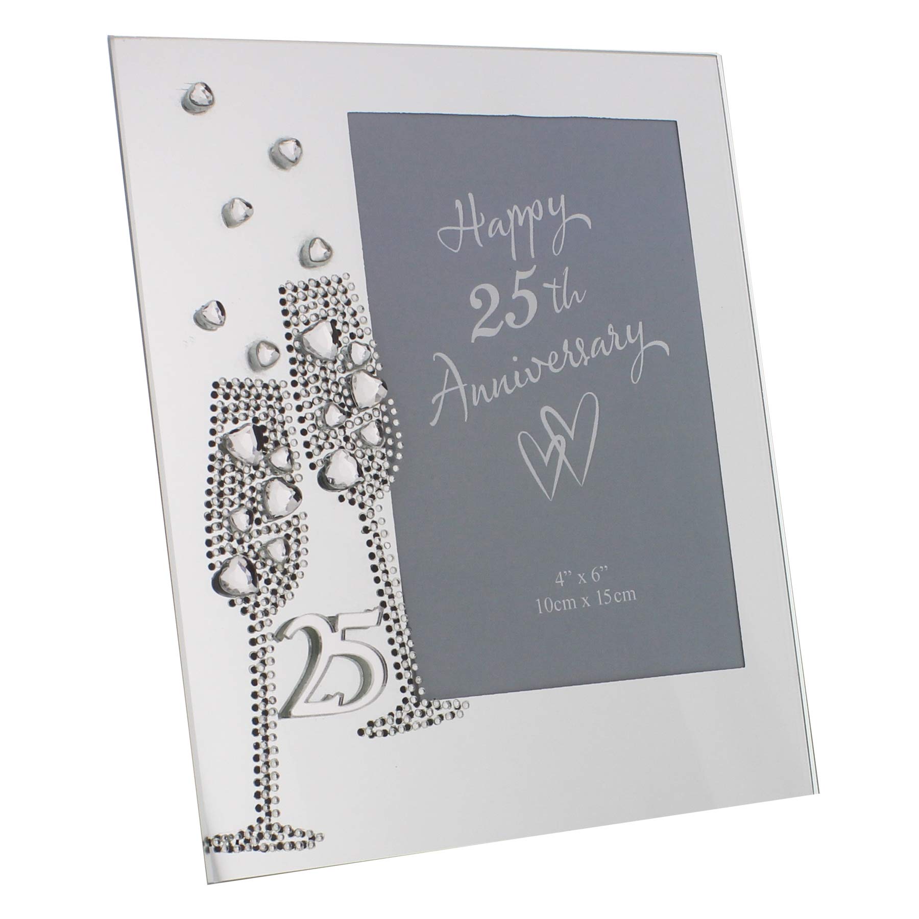 Glass Photo Frame with Gem Champagne Flutes & Mirror Letters - 25th Anniversary 0777