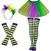 Hicarer 4 Set Mardi Gras Costume Mardi Gras Tutu Skirt Over Knee High Socks Arm Warmer Stretchy Gloves Headwear Headband