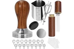 Gmnuiy51mm Coffee Tamper Set 24PCS, Espresso Accessories Kit Barista Kit,316stainlesss Tamper & WDT Tool,316stainlesss Frothing Pitcher, Stirrer, Tamper Mat, Latte Art Pen Coffee puck screen (brown)