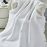 Brandream White Ruffle Quilted Throw Blanket Cotton Throws for Bed Couch Daybed 47 X 60 Inch Decorative Blankets