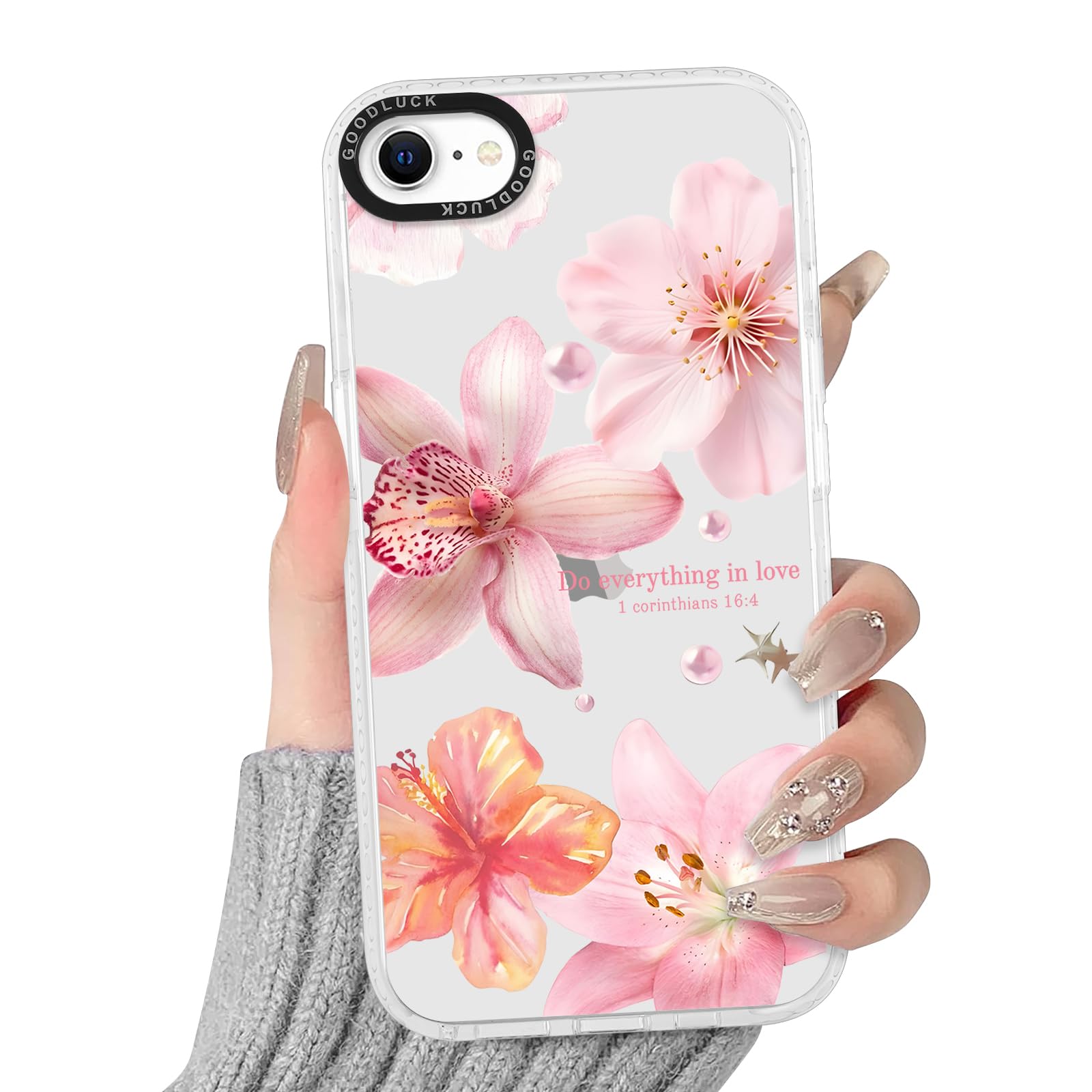 Yomjew Cute Summer Hibiscus Flower Phone Case for iPhone 7/8 / SE 2020/2022 Clear Case 4.7", Aesthetic Trendy Pink Pearl Floral Beach Design Girly Women Cover Shockproof Soft TPU Protection Funda