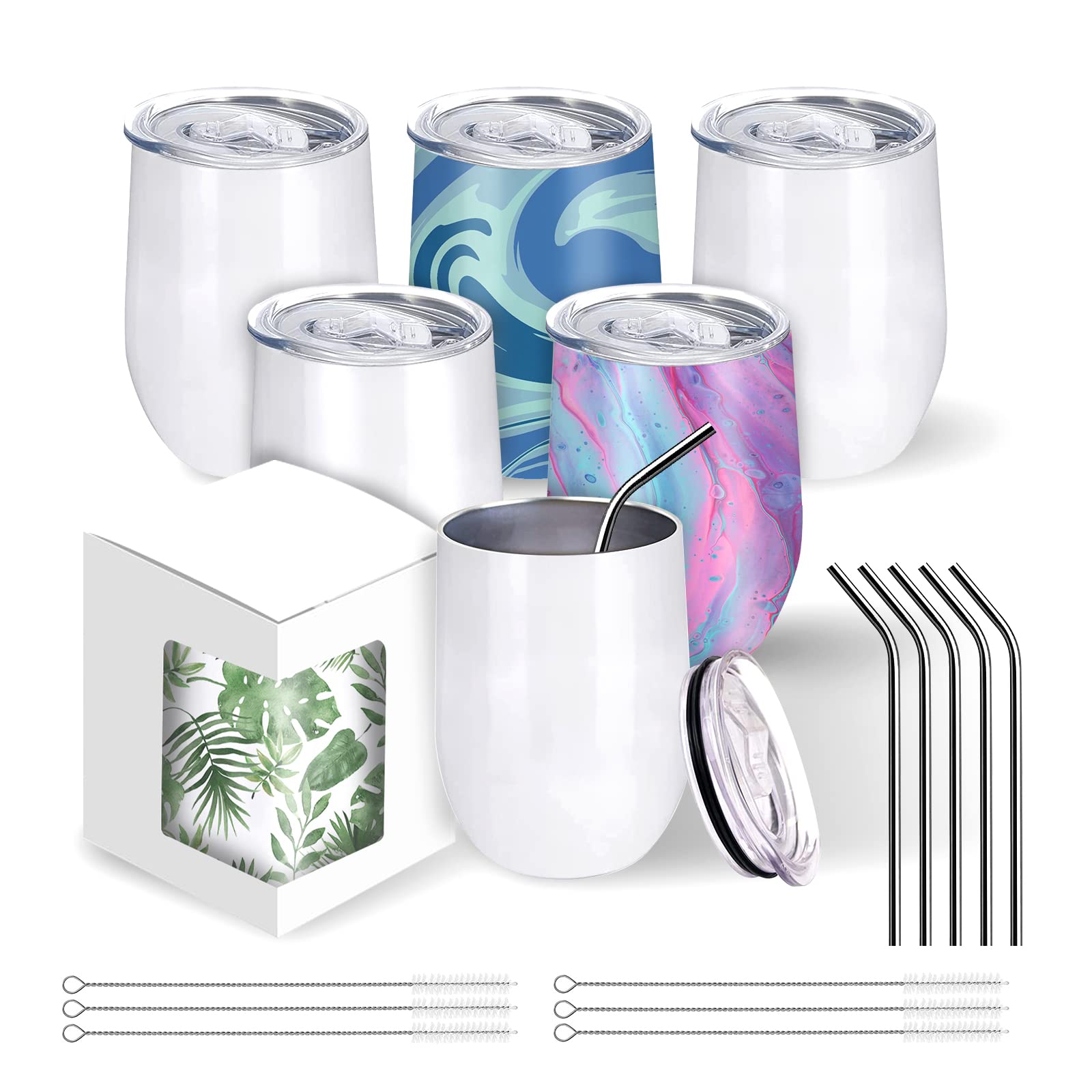 Photo 1 of BetterSub 6 Sets 12 oz Sublimation Wine Tumblers, Double Wall Insulated Sublimation Blanks Tumblers, Stainless Steel Sublimation Cups with Lid, Metal Straw, Brush, Individually Display Box, White