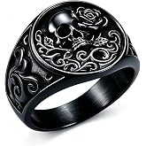 ELFASIO Skull Rings for Men Women Band Gothic Punk Stainless Steel Ring Silver Vintage Goth Rose Skeleton Cocktail Party Biker Ring