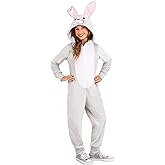 Girls Funny Bunny Halloween Costume | Kids Fuzzy Rabbit Hooded Jumpsuit Outfit with Bendable Ears for Dress-Up and Play