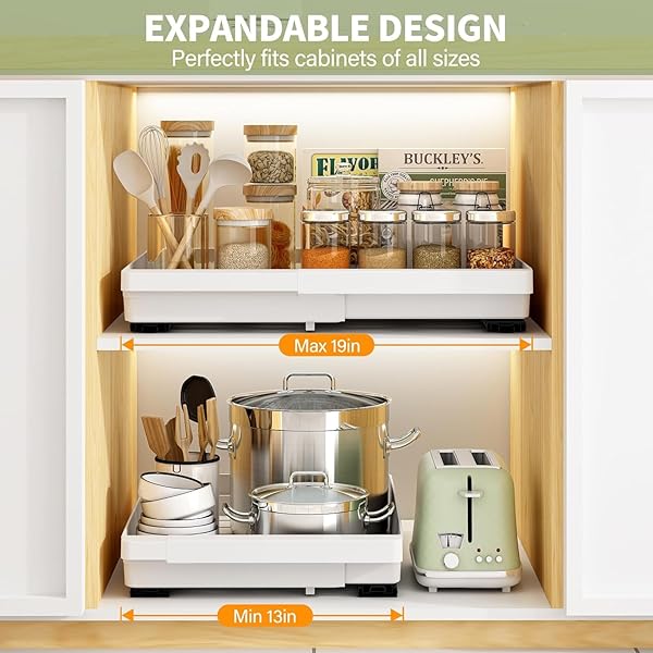 DOMNIU 2 PACK PULL OUT CABINET ORGANIZERS EXPANDABLE (13”-19”), PLASTIC SLIDE OUT DRAWERS FOR KITCHEN, BATHROOM, PANTRY, UNDER SINK STORAGE, PULL OUT DRAWERS FIXED WITH ADHESIVE NANO FILM (WHITE)