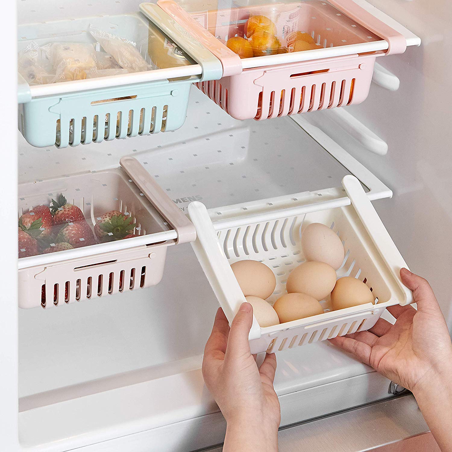 HapiLeap Retractable Drawer Organizer For Fridge, Refrigerator Storage Organizer Keep Tidy Shelf Organiser for Vegetables and Fruits (4 Pcs)