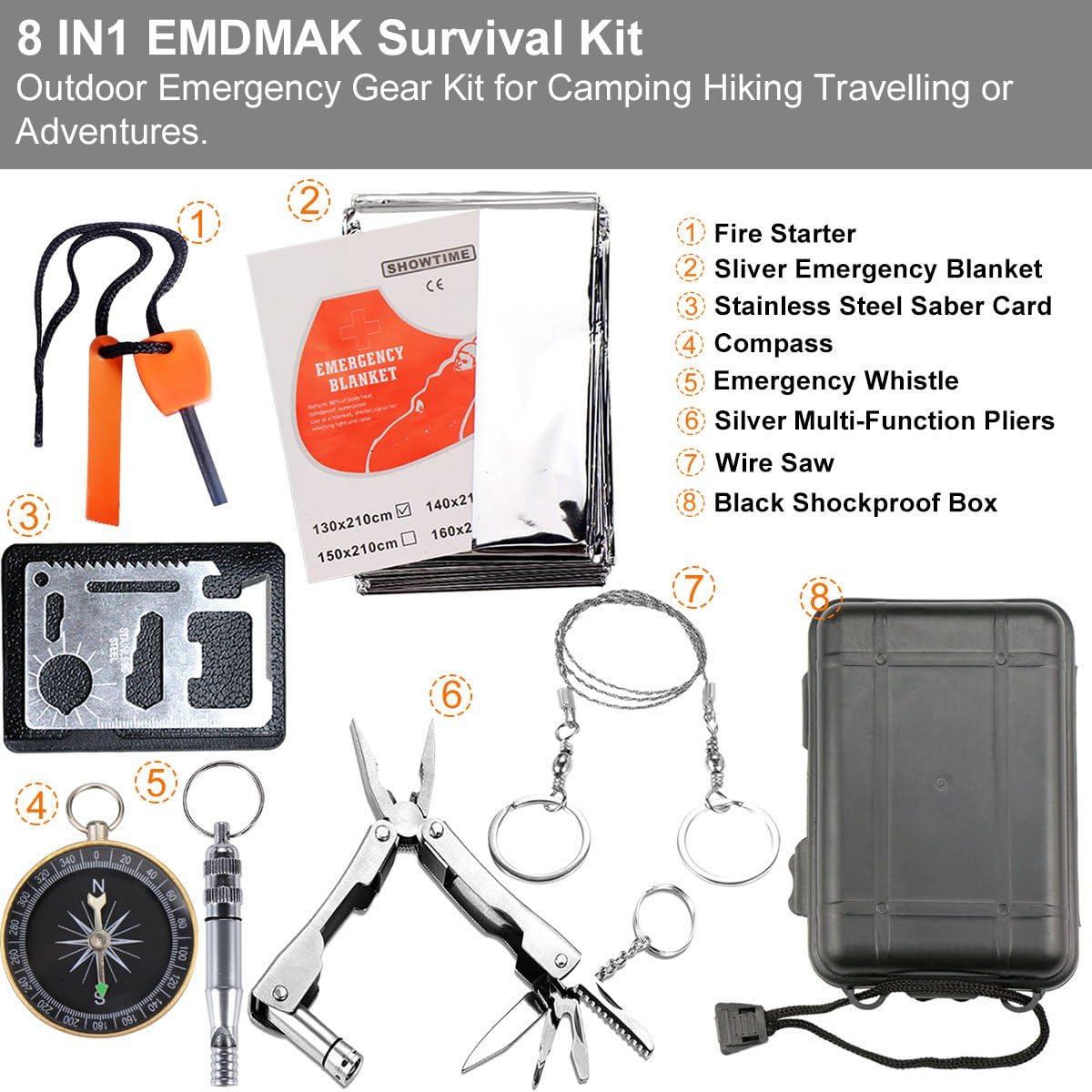 EMDMAK Survival Kit Outdoor Emergency Gear Kit for Camping Hiking Travelling or Adventures (Black) : Sports & Outdoors