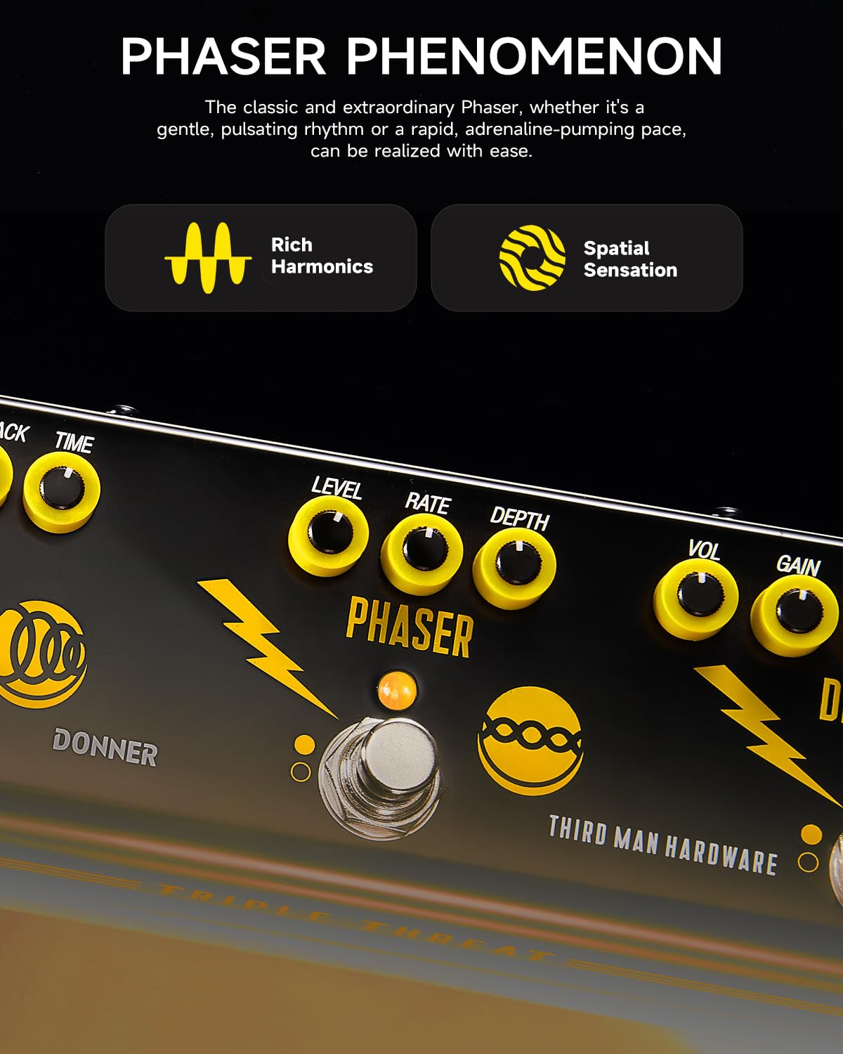 Donner X Third Man Hardware Multi-Effect Pedal, Triple Threat 3-in-1 Analog Guitar Pedal Distortion Phaser Echo Pedal with Adapter for Electric Guitar