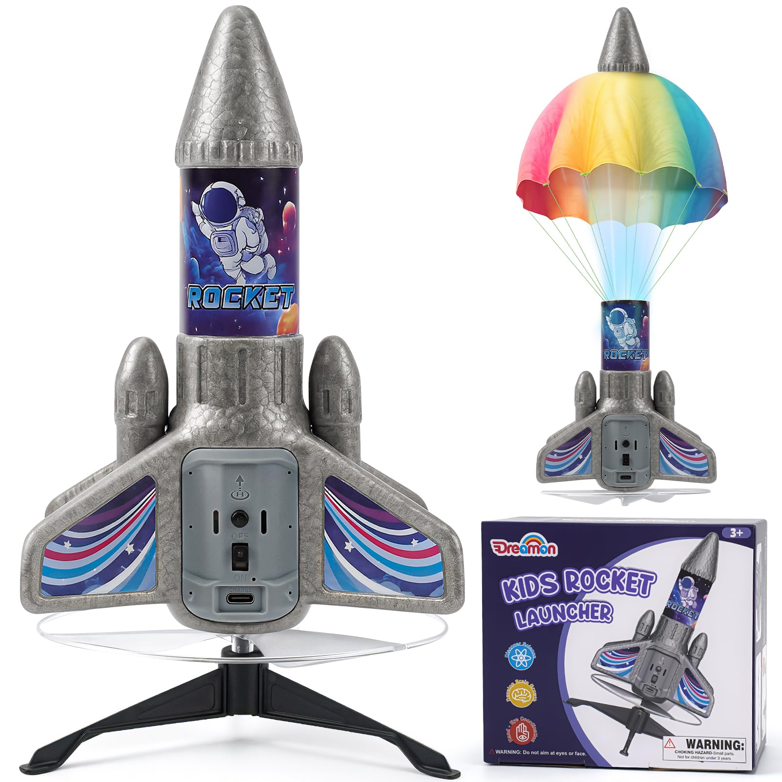 Dreamon Rocket Launcher for Kids with Parachute LED Light, Toy Rocket Space Theme Rechargeable Self-Launching Outdoor Garden Toys for 3 4 5 6 7 8 9 10 Years Old Boys Girls