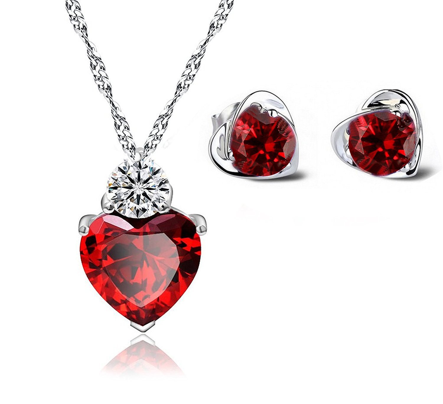 Ladies Cubic Zirconia Sterling Silver"Passionate Love" Heart Pendant Necklace + Matching Stud Earrings, Red