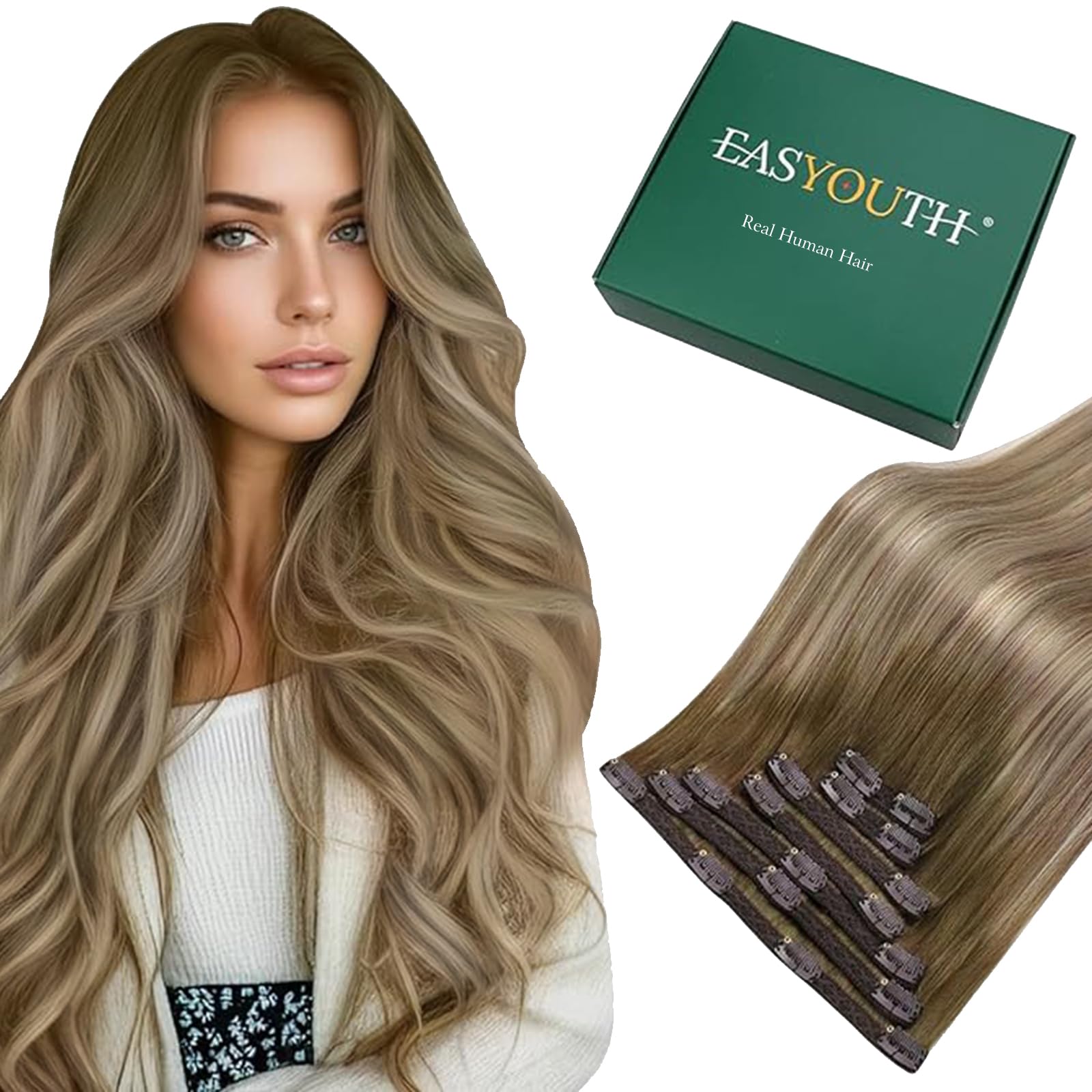 Easyouth Clip in Extensions Real Human Hair Balayage Blonde Clips in Human Hair Extension Dark Brown Ombre Light Brown Mixed Blonde Clip on Extensions Easy of Use 16In 120G 7Pcs #3/8/22 — image 1