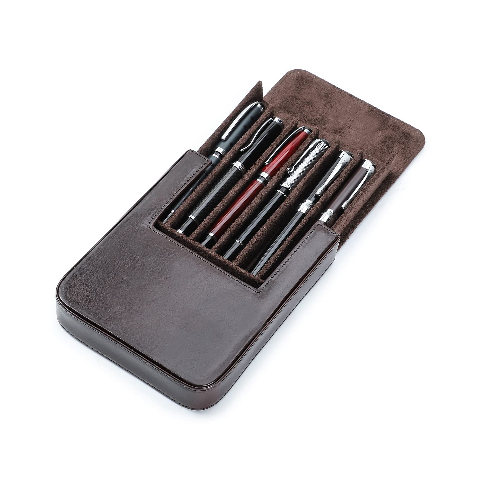 Hiram Leather Pen Case for 6 Pens Portable Vegetable Tanned Leather Made Pen Storage Box with Hidden Magnetic Snap Closure and Pen Tray Drawer Holder Design (Coffee)