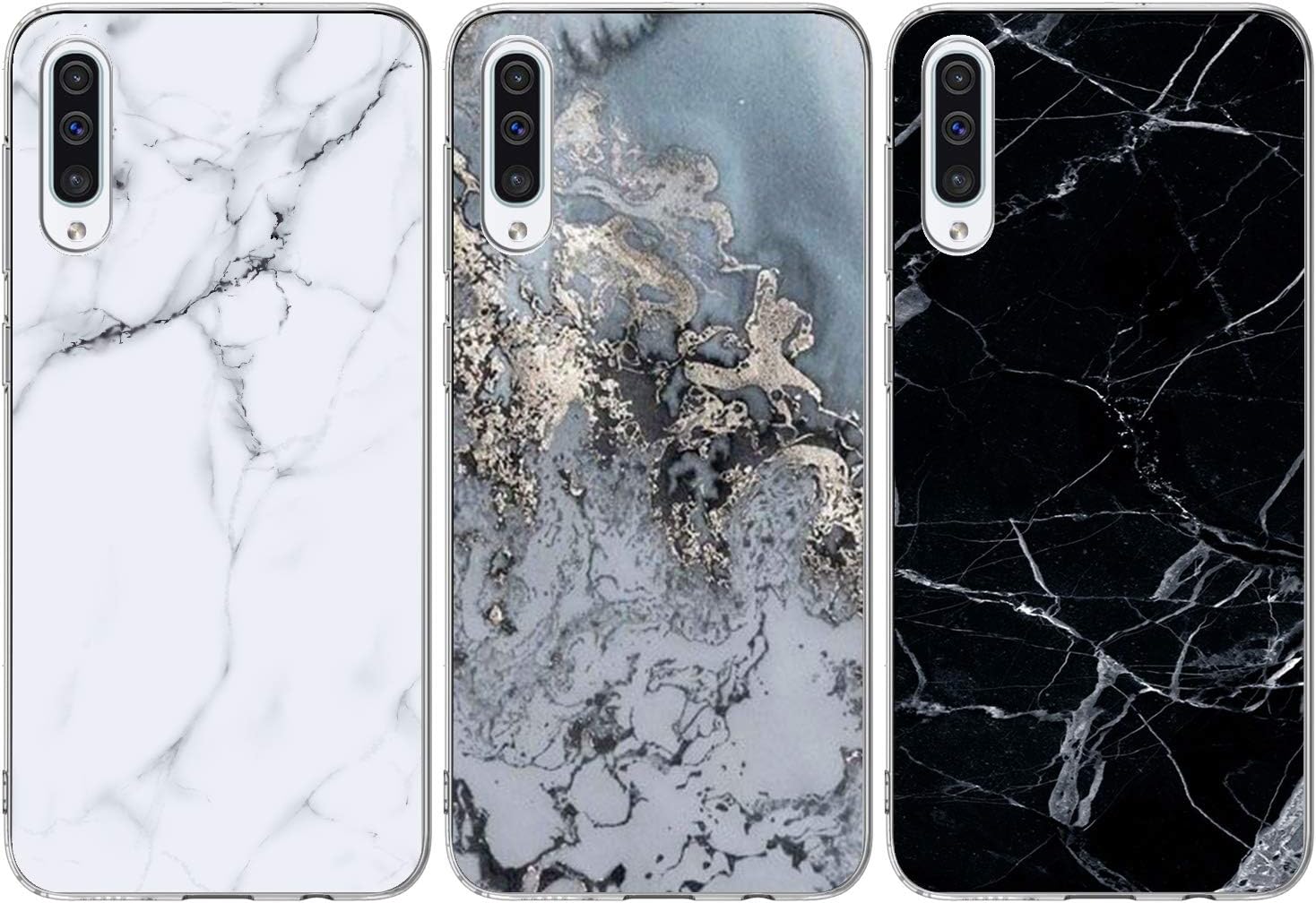 Galaxy A50 Case，MOTIKO Glossy Marble Case with Lightweight Slim Shockproof TPU Gel Clear Bumper Rubber Cover for Samsung Galaxy A50 Marble Overvalue Combination-3Pcs