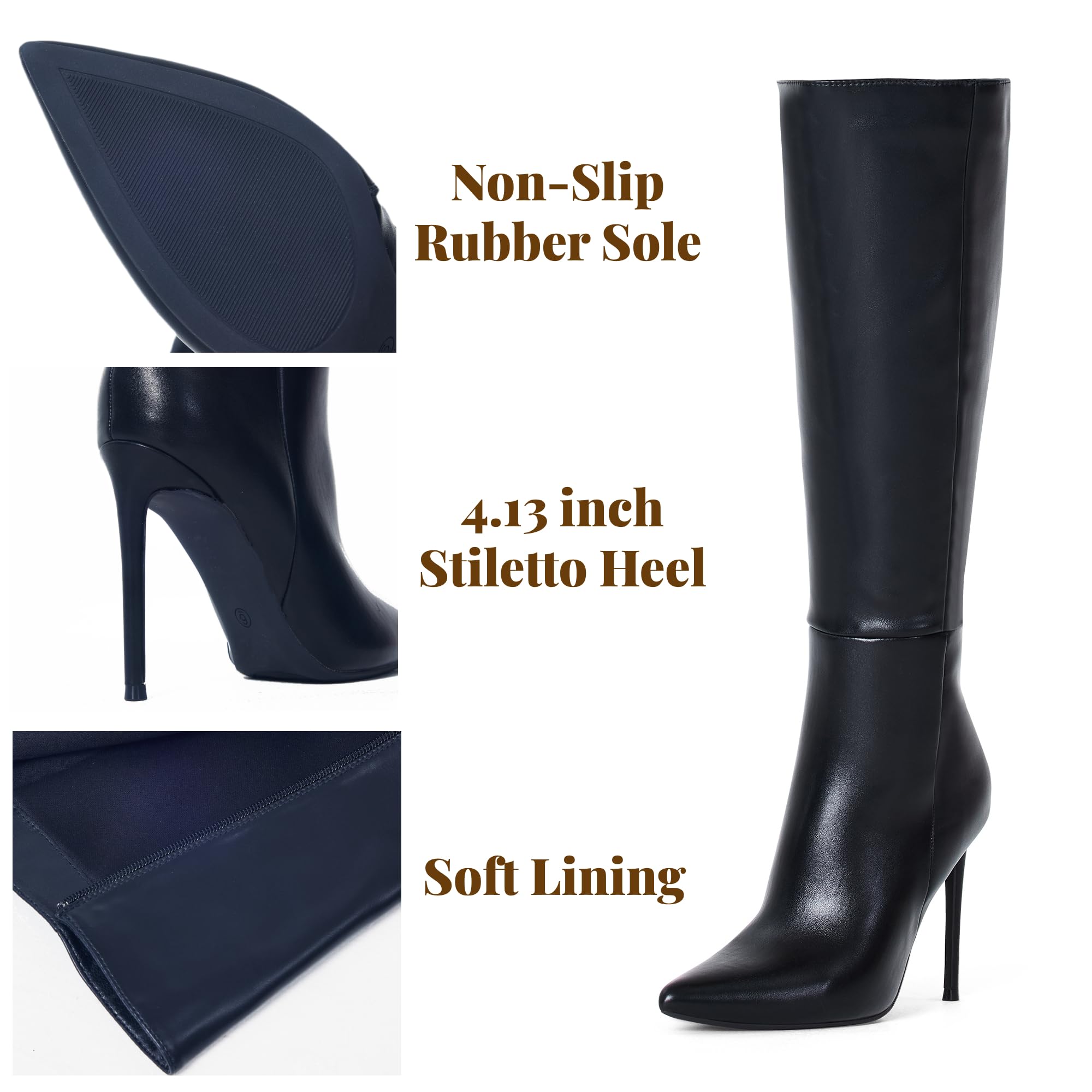 Elisabet Tang 4 inch Women's Knee High Long Boots, Stiletto Tall Pointed Toe Heeled Boot Leather Suede Comfortable Sexy