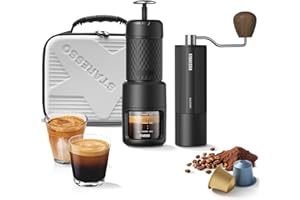 STARESSO Portable Espresso Maker & Coffee Bean Grinder Set with Carrying Bag, Manual Travel Coffee Maker + Burr Coffee Grinder, Waterproof Easy-Carry, Perfect for Travel Camping Hiking On-The-Go