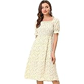 Allegra K Women's Cottagecore Floral Dress Puff Sleeves Smocked Midi Dresses