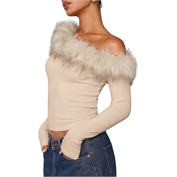MakeMeChic Women's Faux Fur Crop Tops Bell Sleeve Off Shoulder