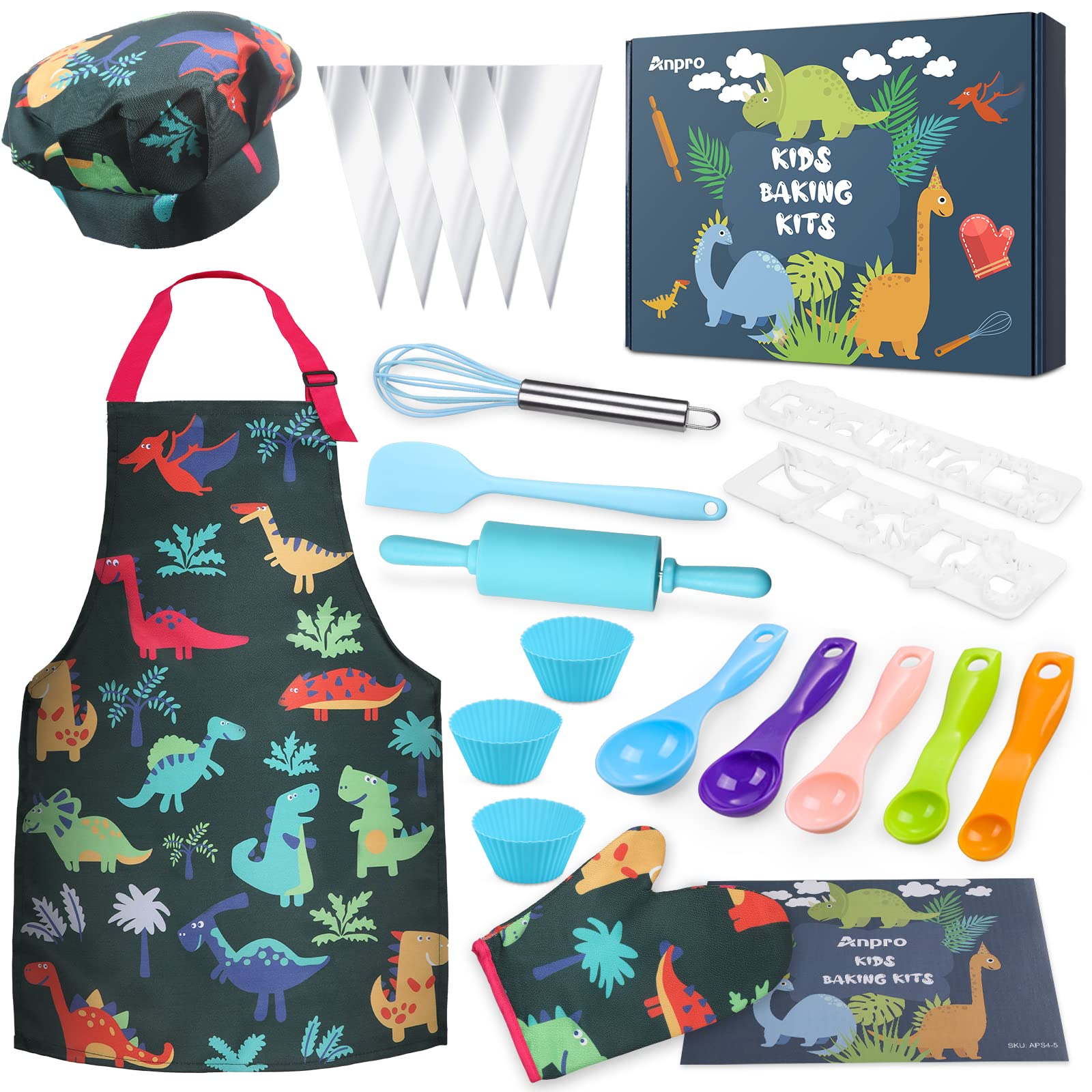 Anpro Kids Baking Set,28PCS Kids Cooking Set with Apron,Chef Hat,Toddler Cooking Set,Role-Plays Playset,Utensils Gift for 8-12 Years Children