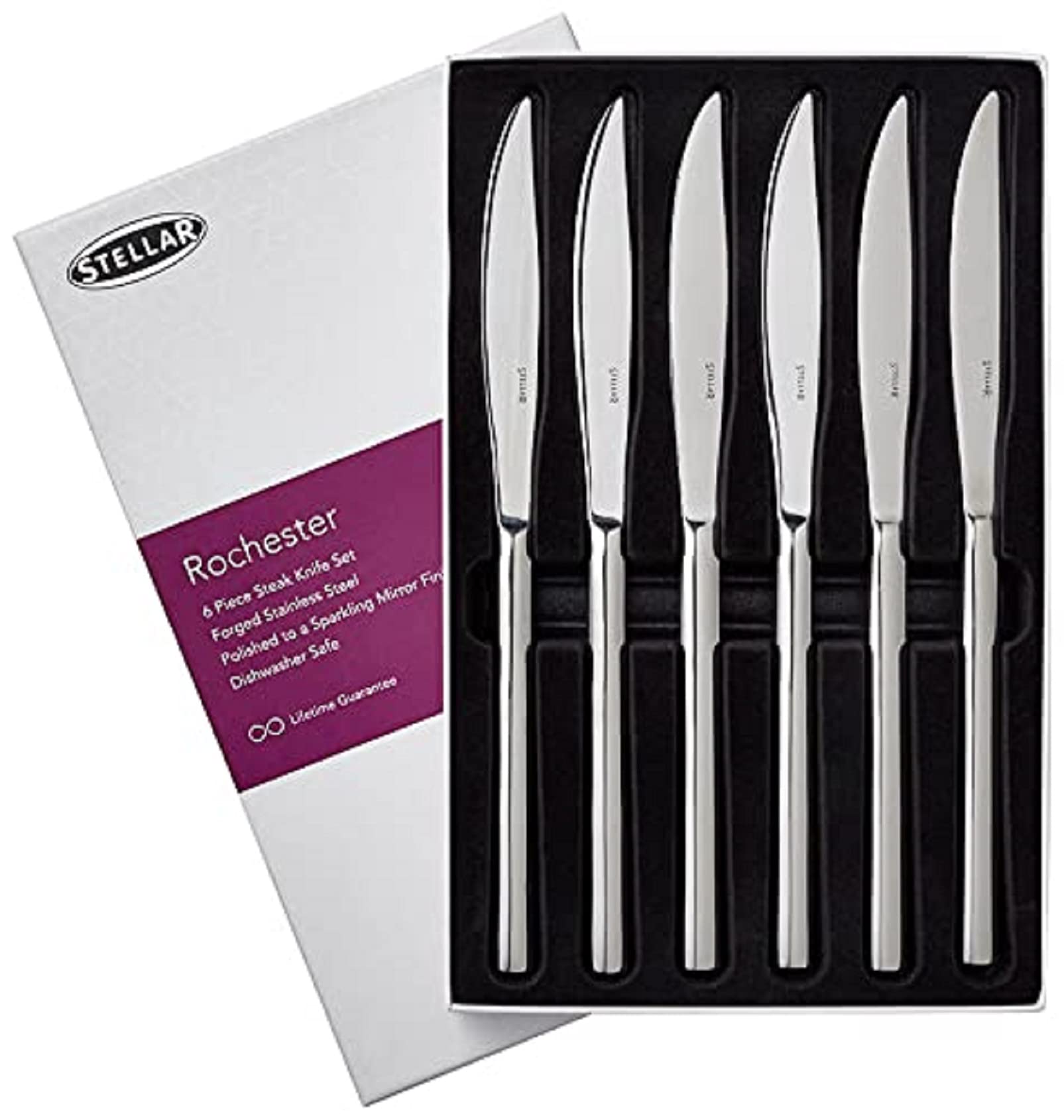 Stellar Rochester Set of 6 Stainless Steel Steak Knives in Gift Box, Dishwasher Safe