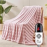 Electric Heated Blanket Throw 50"x60" Pink Ultra Soft Luxury Fluffy Faux Rabbit Fur Machine Washable 6 Heat Settings 4 Hours Auto Off Overheat Protection for Home Office Use