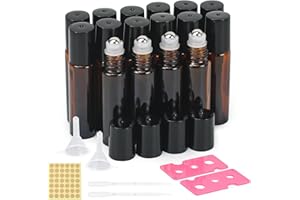 16pcs Amber Glass Roller Bottles,with Stainless Steel Roller Balls, Openers, Funnels, Droppers, Stickers, for Perfumes, Aroma