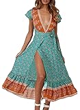 Women's Bohemian Floral Printed Wrap V Neck Short Sleeve Split Beach Party Maxi Dress Vintage Green