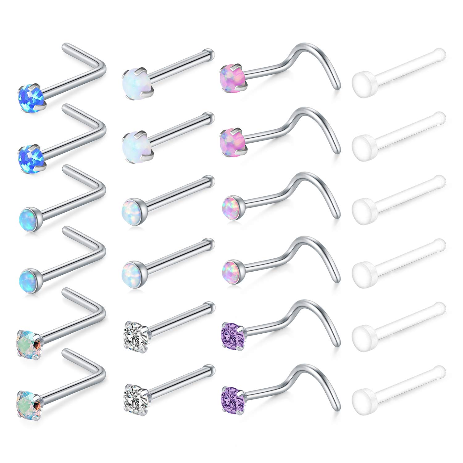 AceFun 20G Nose Rings Surgical Stainless Steel Nose Studs Colorful CZ Opal Nose Piercing Nose Screw for Women Girls Nose Retainer