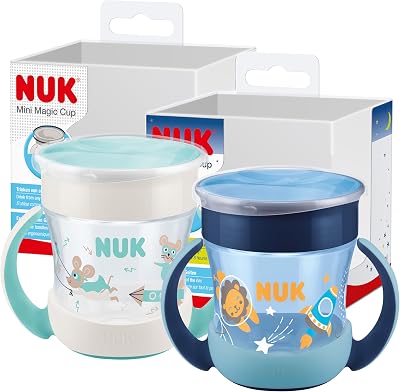 Mini Magic Cup Jour & Nuit Tasse d’Apprentissage | Bordure 360° Antifuites, pour Bébé 6+ Mois, Brille dans le Noir | 160 ml, Bleu / Turquoise, 2 Unités