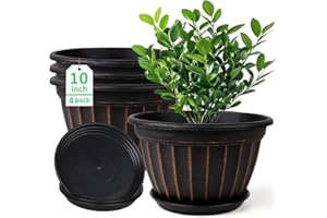 FGstyle 10 Inch Plants Pot,4 Pack Flower Pots,Planters Pot with Drainage Hole & Saucer,Modern Planters for Indoor Outdoor Plants,Decorative Resin Garden Pots for Outdoor Indoor Home Plants (Black)