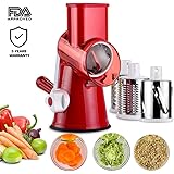 Manual Hand Speedy Mandoline Slicer Pasta Salad Maker Vegetable Fruit Cutter Rotating Drum Cheese Grater Potato Tomato Food Slicer With 3 Round Stainless Steel Blades (Red)
