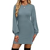 OFEEFAN Sweater Dresses for Women 2025 Fall Winter Puff Long Sleeve Crewneck Bodycon Fleece Ribbed Pullover Fashion Clothing