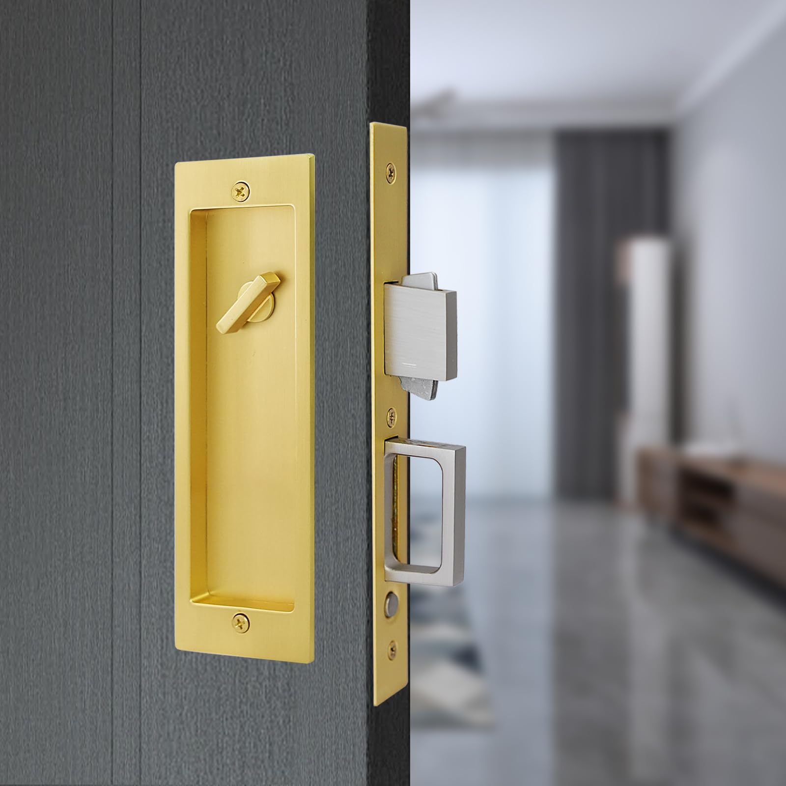 HOCONNIE Recessed Pocket Door Handle Sliding Door Lock and Pull Invisible Pocket Door Lock Hidden Edge Pull Mortise Lock 190mm (Gold)