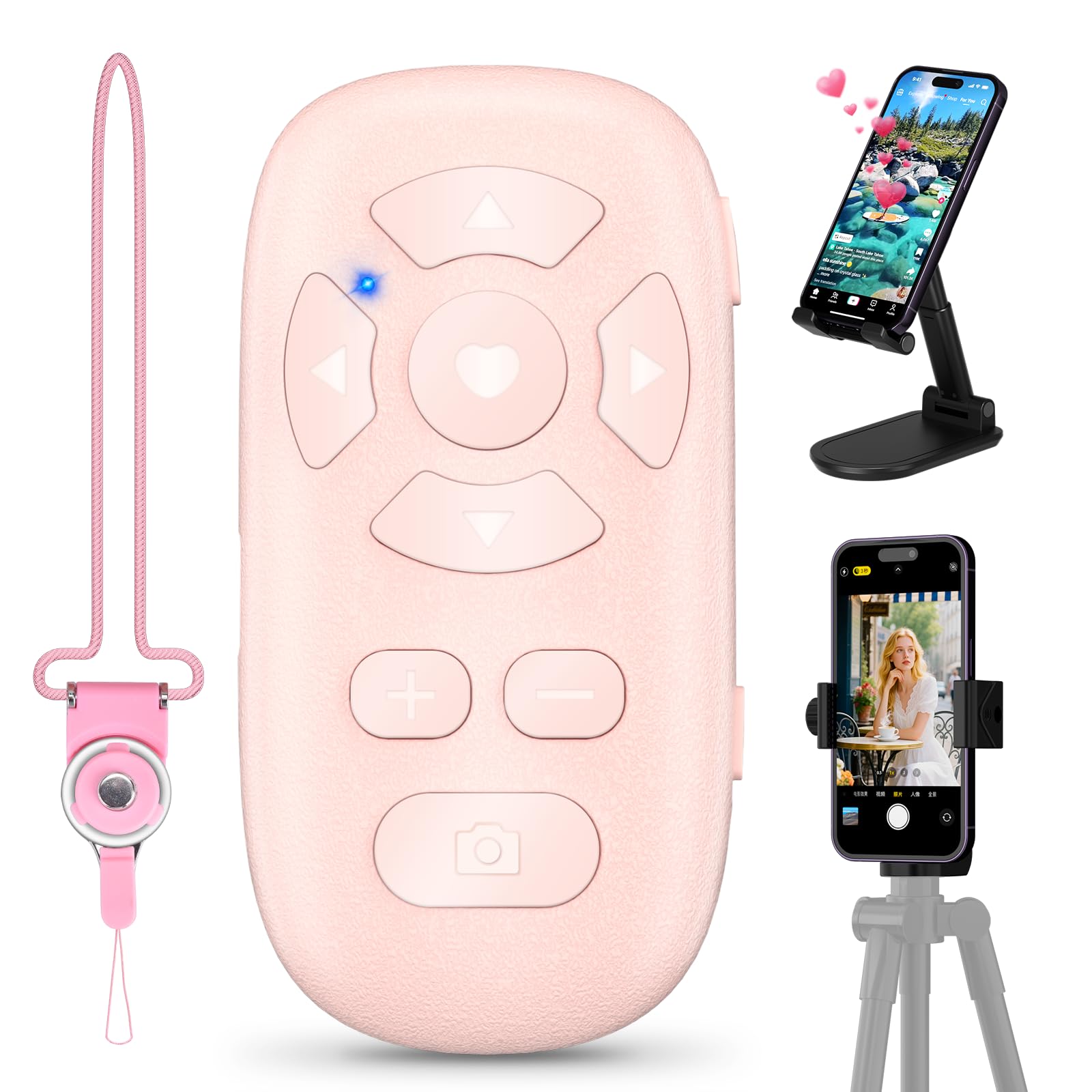 Wireless Camera Remote Control for iPhone & Android, TikTok Scrolling Remote with Phone Holder and Tripod Mount Adapter, Bluetooth Photo and Video Clicker with Front/Rear Camera Switch Neck Strap
