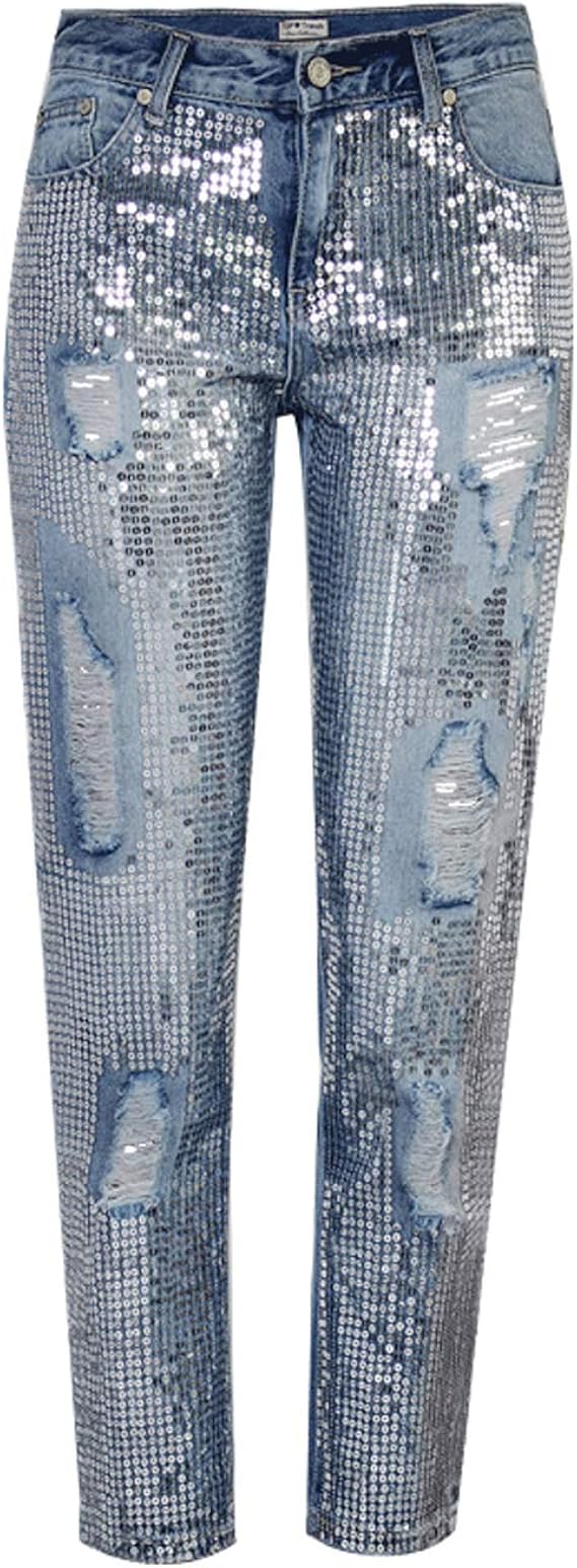 Jeans Donna Lunghi Moda Perle Ricamo Strappati Pantaloni in Denim
