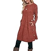 OFEEFAN Fall and Winter Tunic Dress with Pockets Long Sleeve Crew Neck Buttons Side