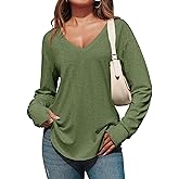 Tankaneo Womens Deep V Neck Tunic Tops Long Sleeve Oversized Casual Loose Fit Curved Hem T Shirts