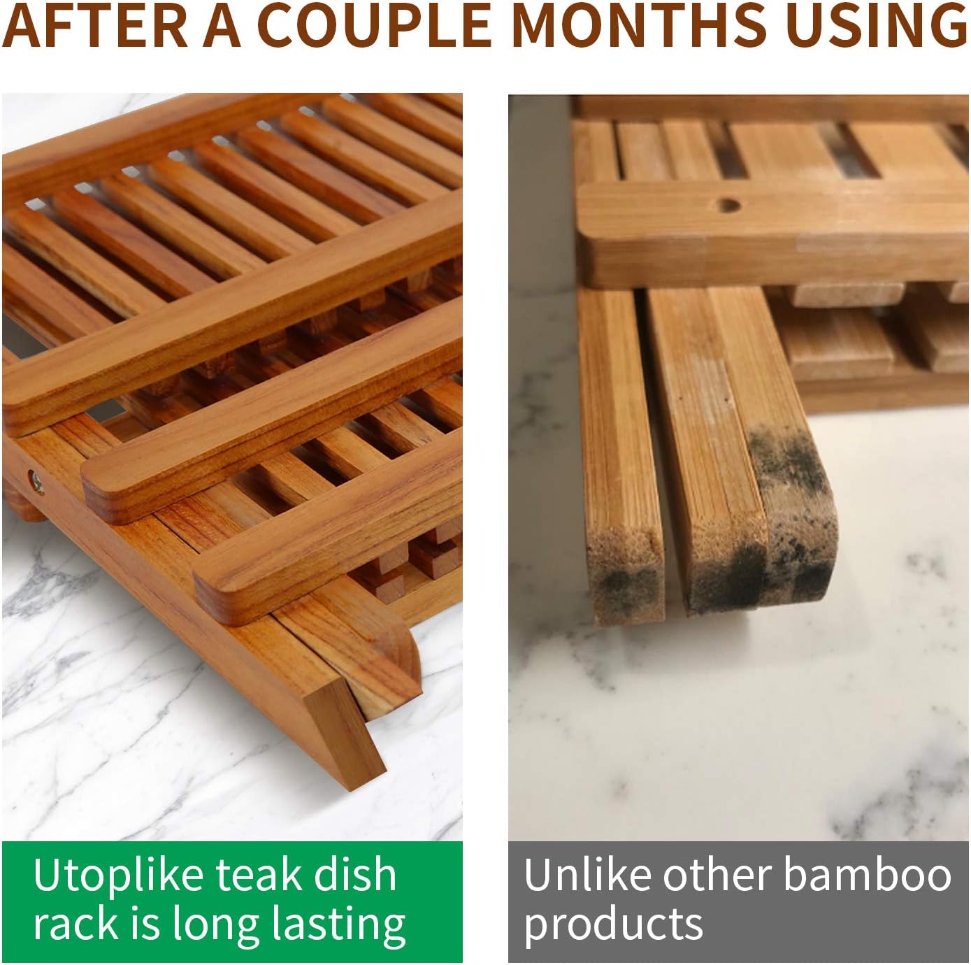 Utoplike Teak Dish Rack Stand Drainer, Collapsible 2 Tier Dish Drying Rack with Cup Holder, Wooden Plate organiser for Kitchen - Image 4