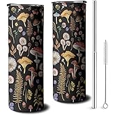 Mushroom Tumbler with Top Handle Lid and Straw Insulated Water Bottle with Travel Mug for Cars Cup Coffe Mugs for Men Women Drink Hot and Cold (Fern, 20oz)