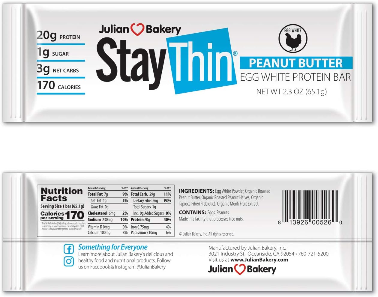 Julian Bakery Stay Thin Protein Bar | Peanut Butter Egg White | Certified Organic | Egg White | 20g Protein | 3 Net Carbs | 12 Bars