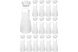 IAGBIBUI Kids Apron and Chef Hat Set, 30 Pieces Boys Girls Kids Apron with 2 Pockets Adjustable for Cooking Classroom Baking Painting, 6-13 Years, White